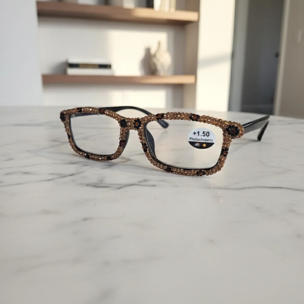 Women's Bling Rectangular Leopard-Like Transition Len Reading Glasses +1.5